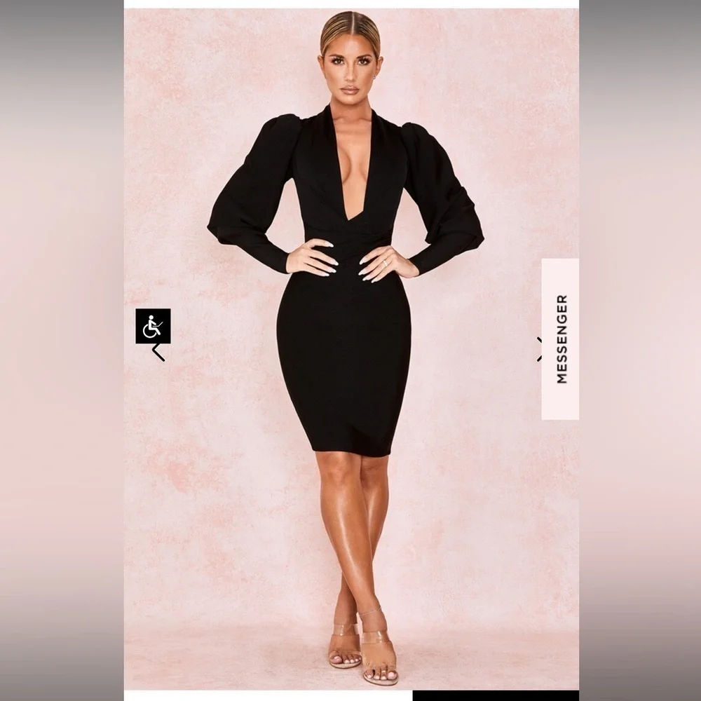 House of CB ANNIKA BLACK PUFF SLEEVE BANDAGE DRESS XS NWT